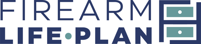 Firearm Life Plan Logo - Dark blue sans-serif type with nightstand icon to right